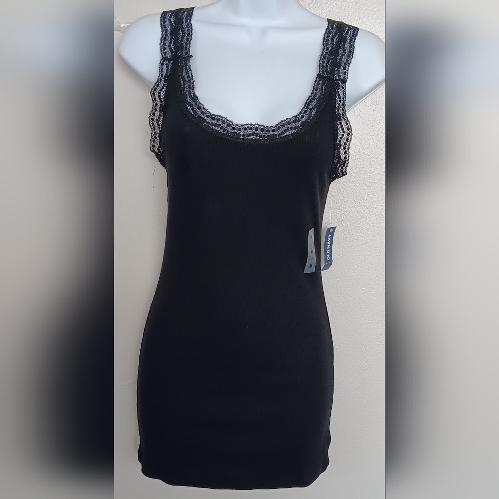 Old Navy Rib Tank Top Black Jack Lace Trim Scoop Long 2013 Sz M.  NWT